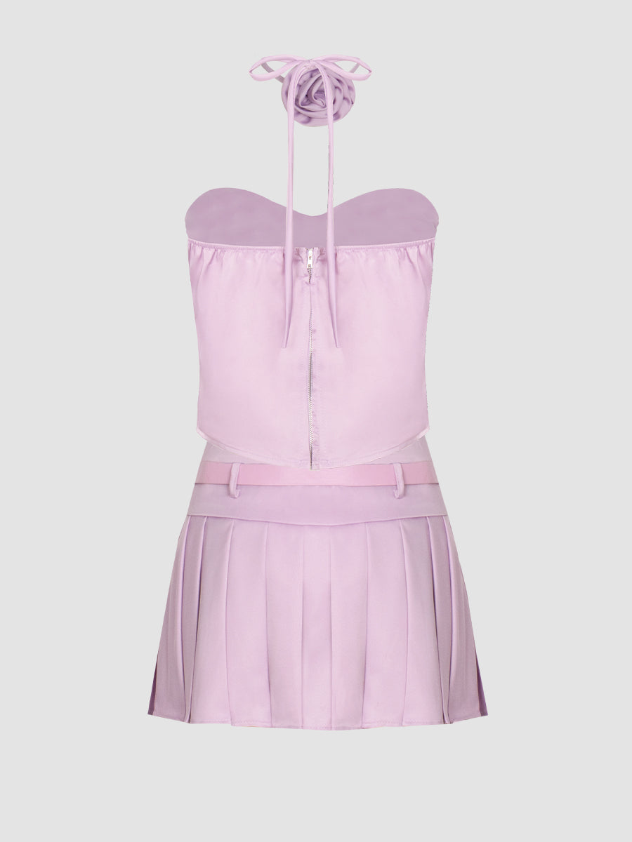 Silk Strapless Crop Top with Floral Choker + Pleated Skirt with Belt Two Piece Set