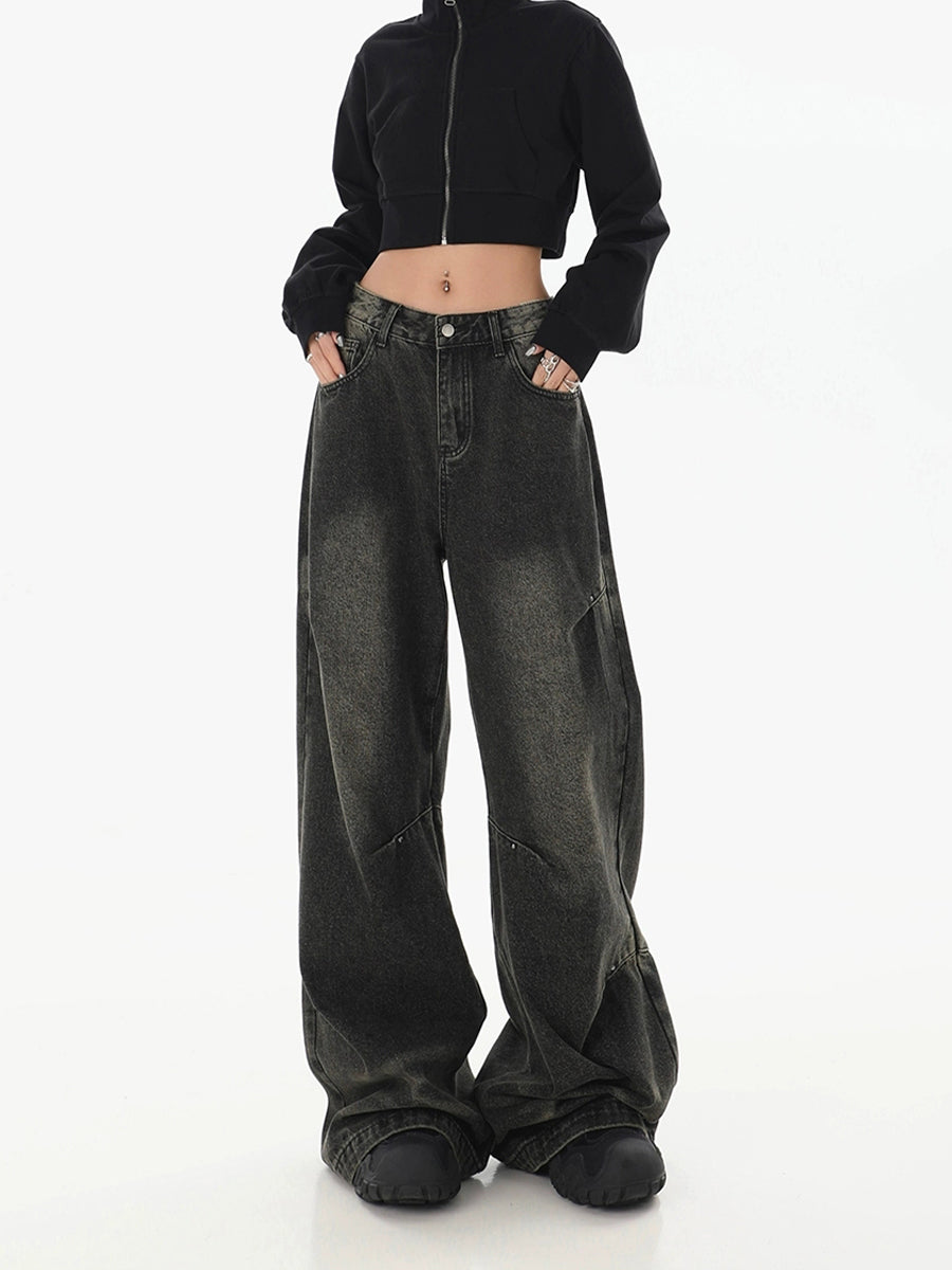 Black Denim Straight Leg Loose Jeans