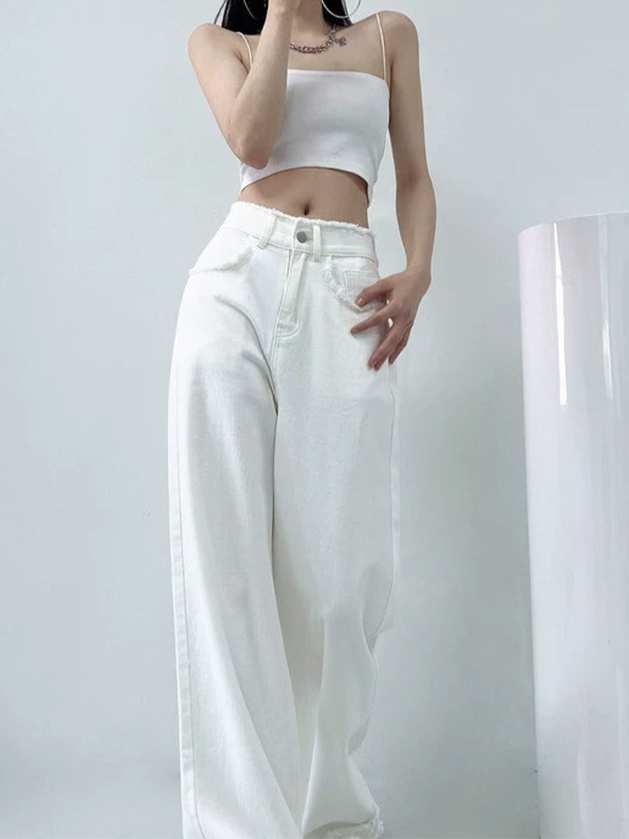 Solid Color Single Button High Waist Loose Jeans