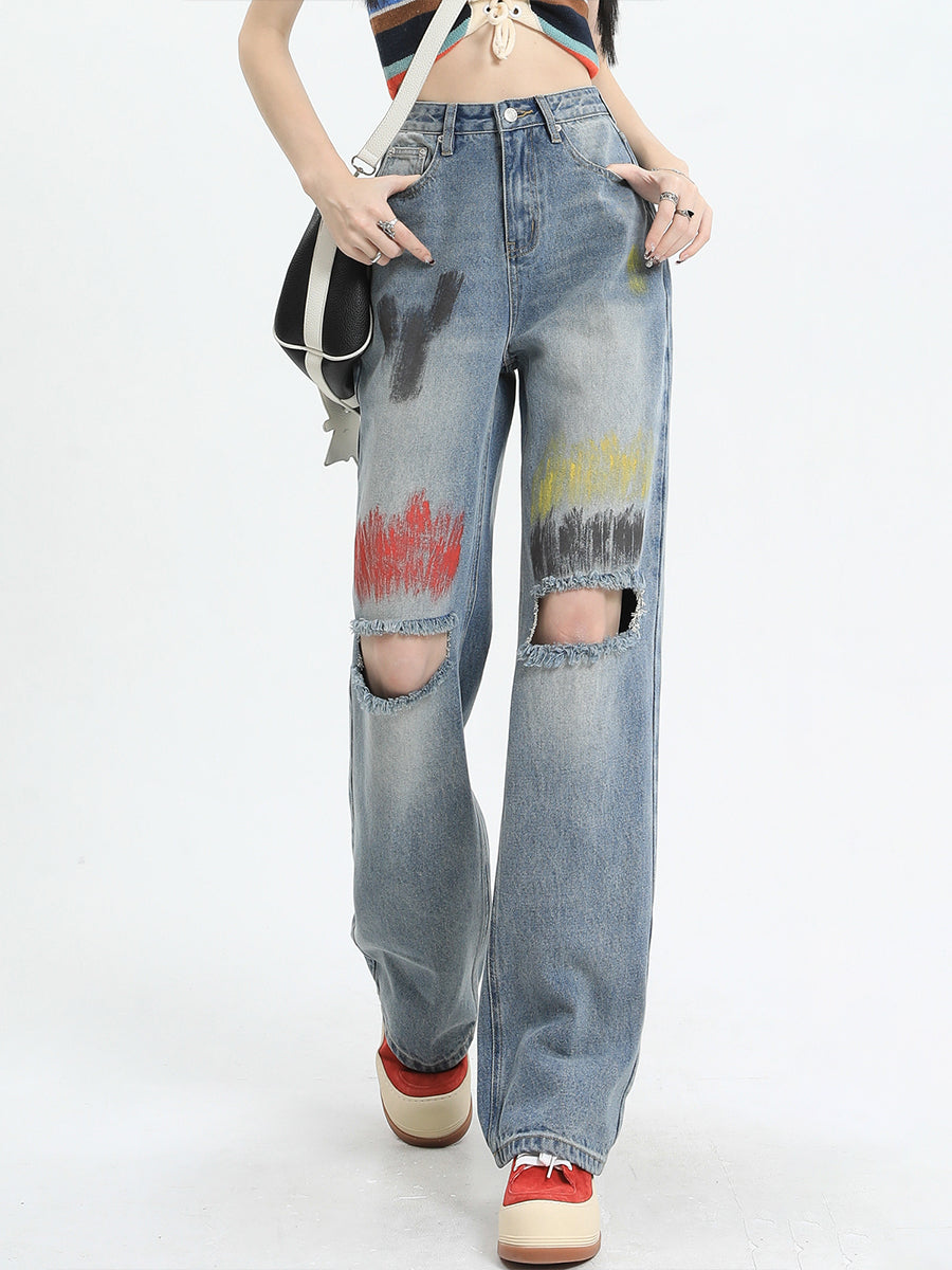 Graffiti Ripped Denim Jeans