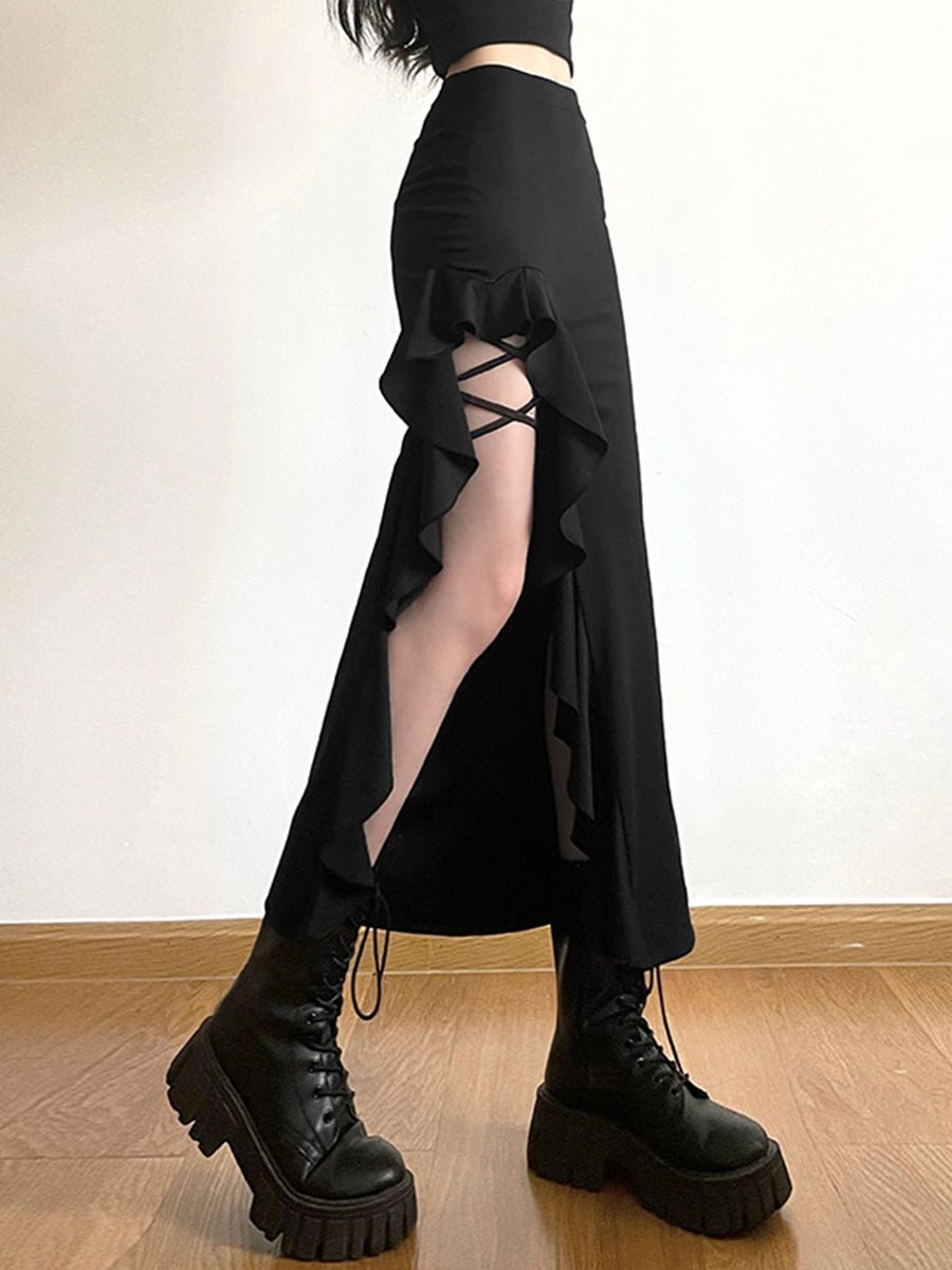 Black Slim Irregular Hem Midi Skirt