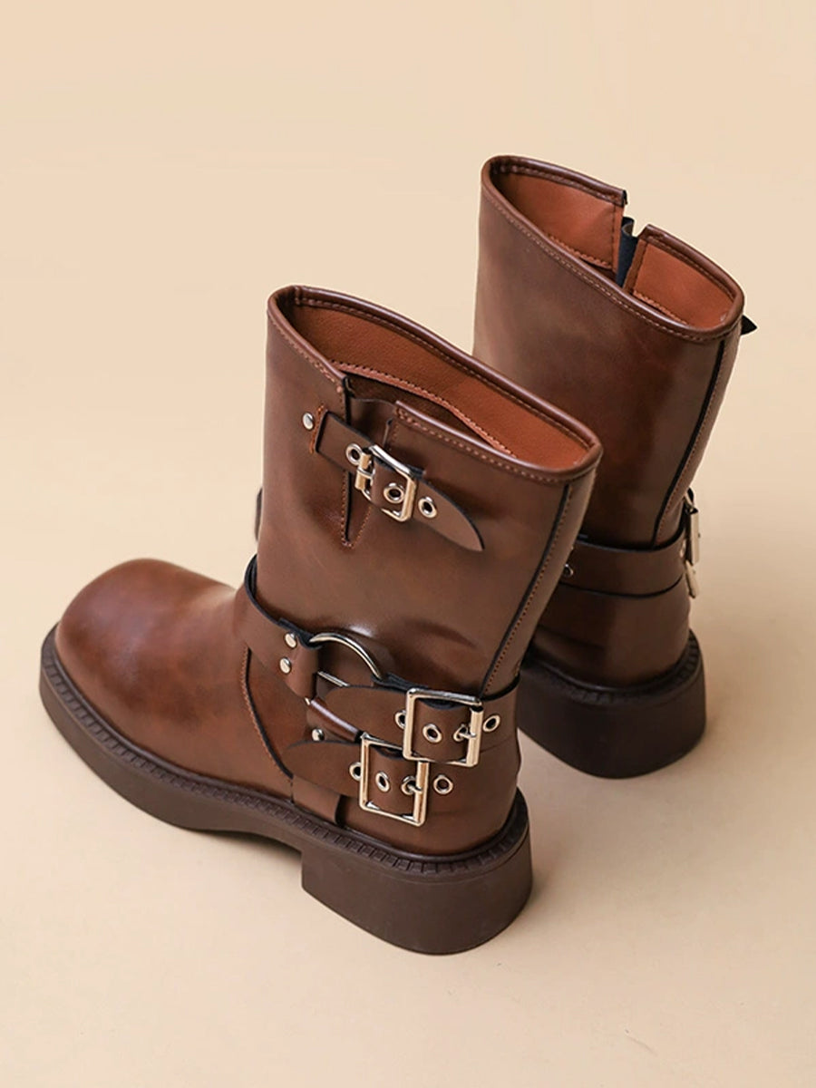 Women's Western Buckle Straps Chunky Heeled Side Zip Boots