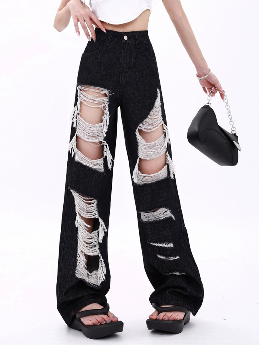 High-Waisted Baggy Wide-Leg Ripped Jeans