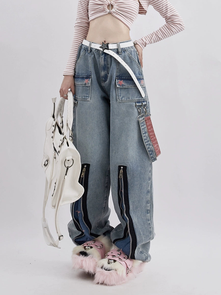 Zipper Hem Blue Denim Jeans