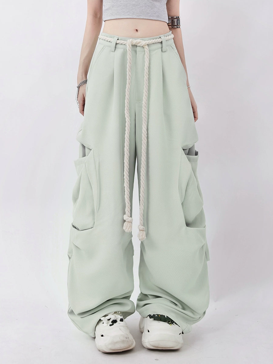 Green Loose Drawstring Casual Pants