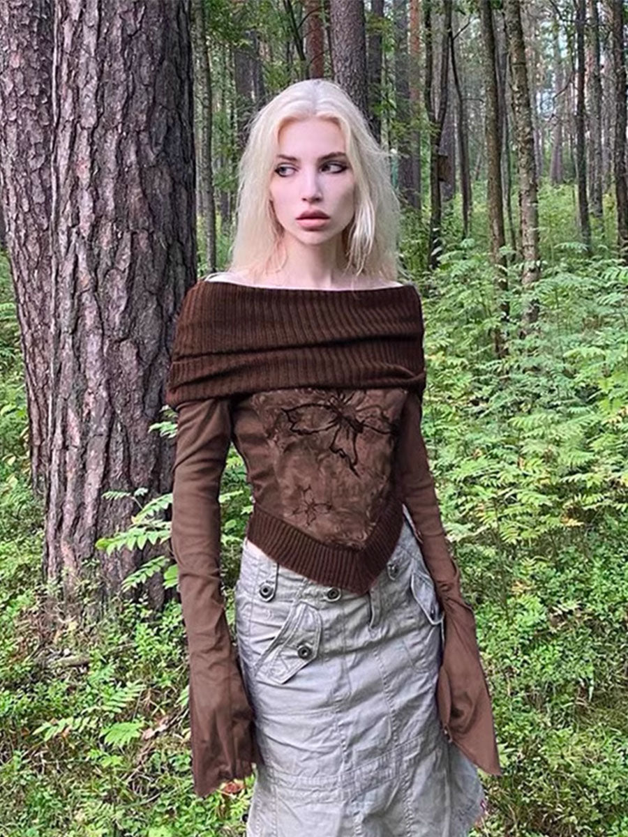 Brown Shoulder Hanky Hem Long Sleeve Knit Top