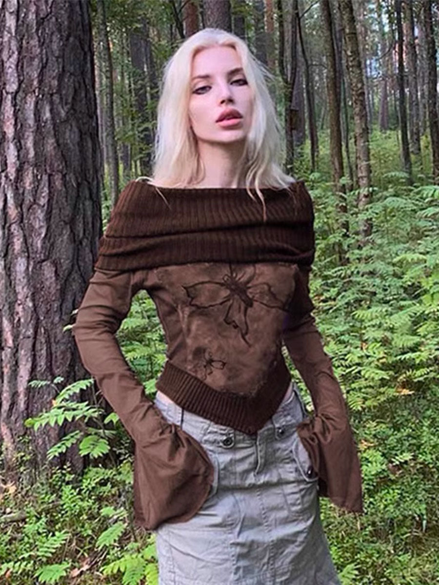 Brown Shoulder Hanky Hem Long Sleeve Knit Top