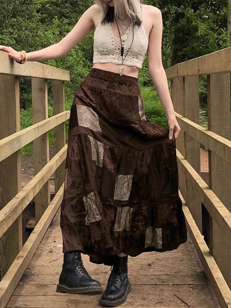 Vintage Totem Patchwork Long Skirt