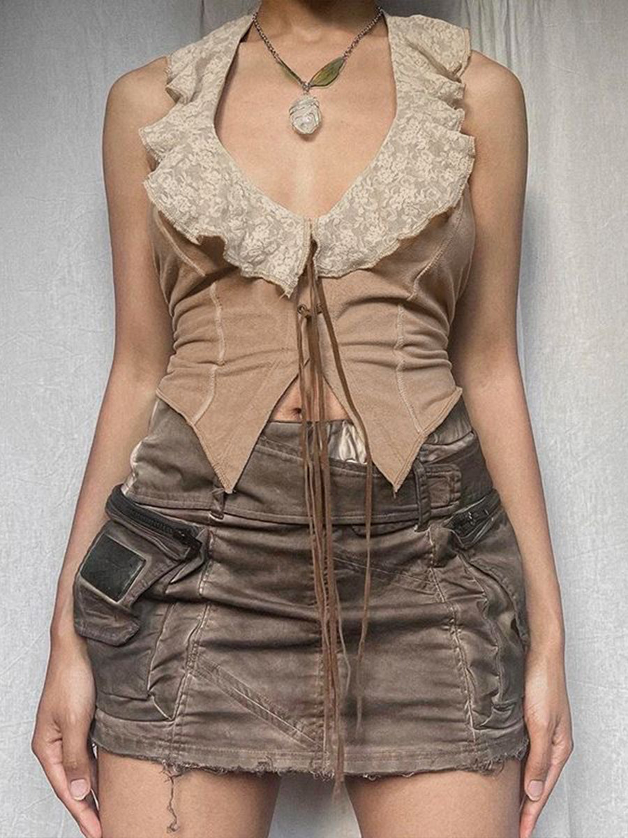 Lace Patchwork Strappy Sleeveless Tank Top