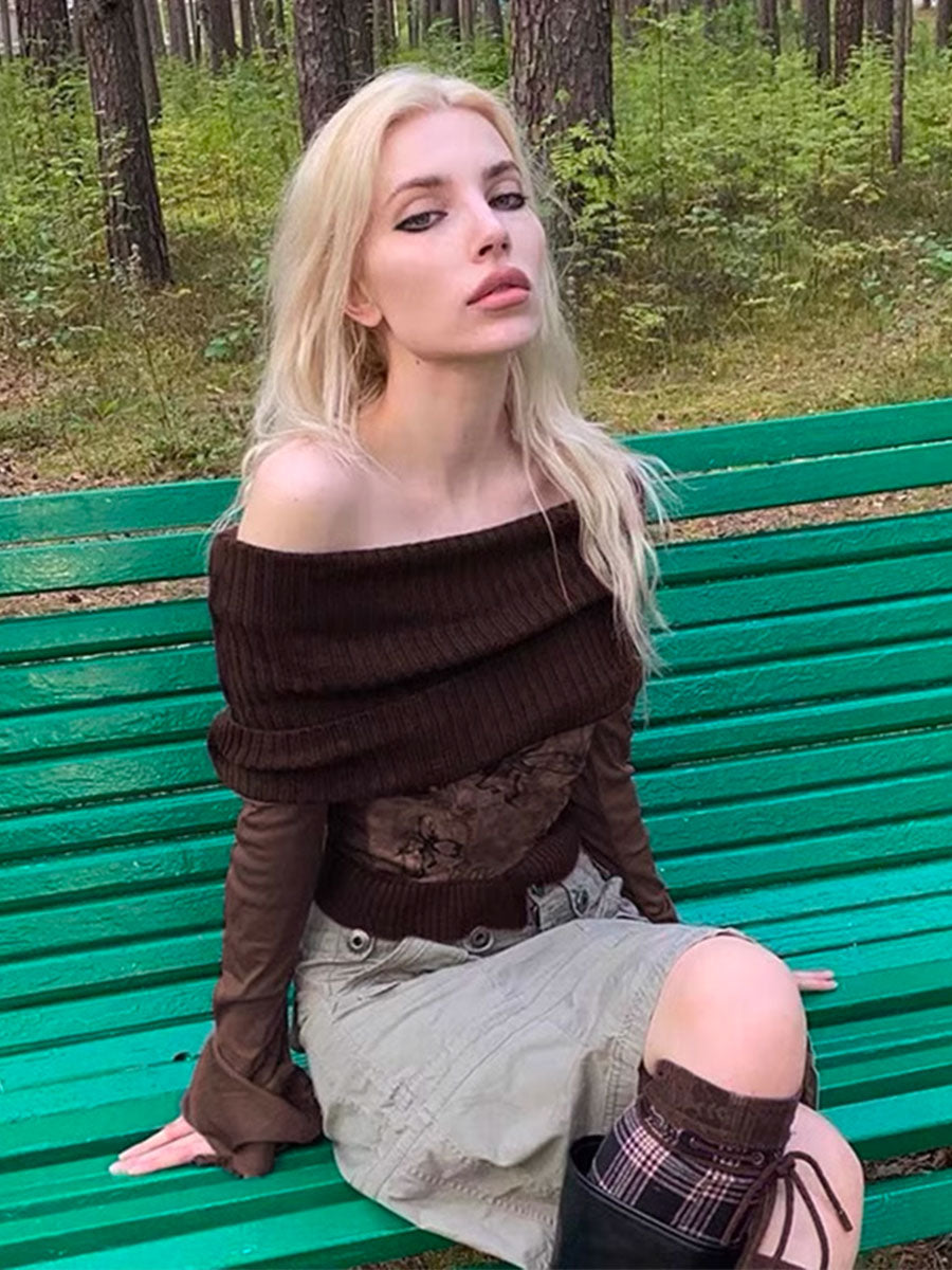 Brown Shoulder Hanky Hem Long Sleeve Knit Top