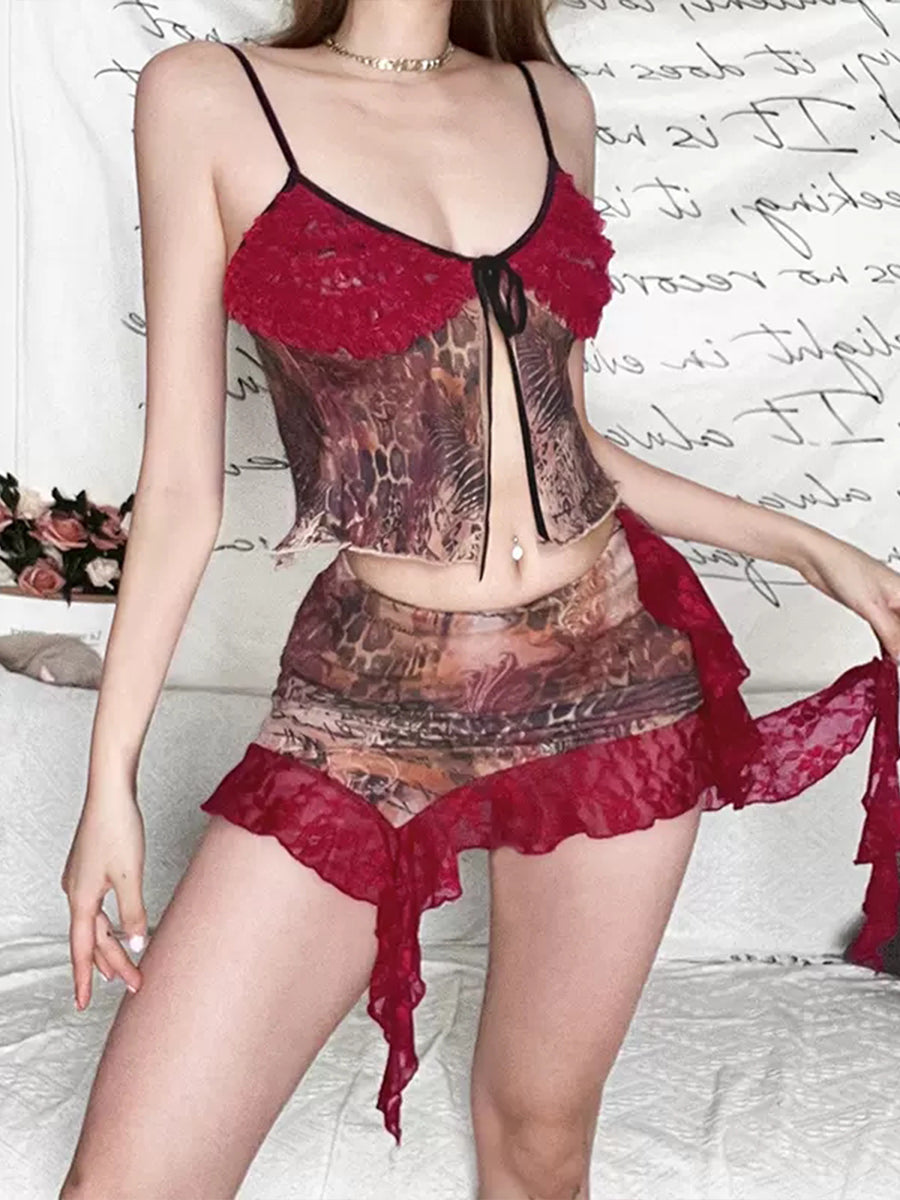 Red Lace Patchwork Print Chiffon Camisole Top + Skirt Two Piece Set