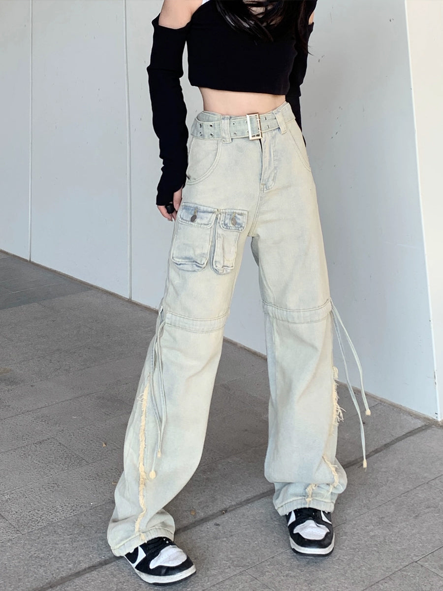 Blue Ripped Loose Fit Denim Jeans with Belt