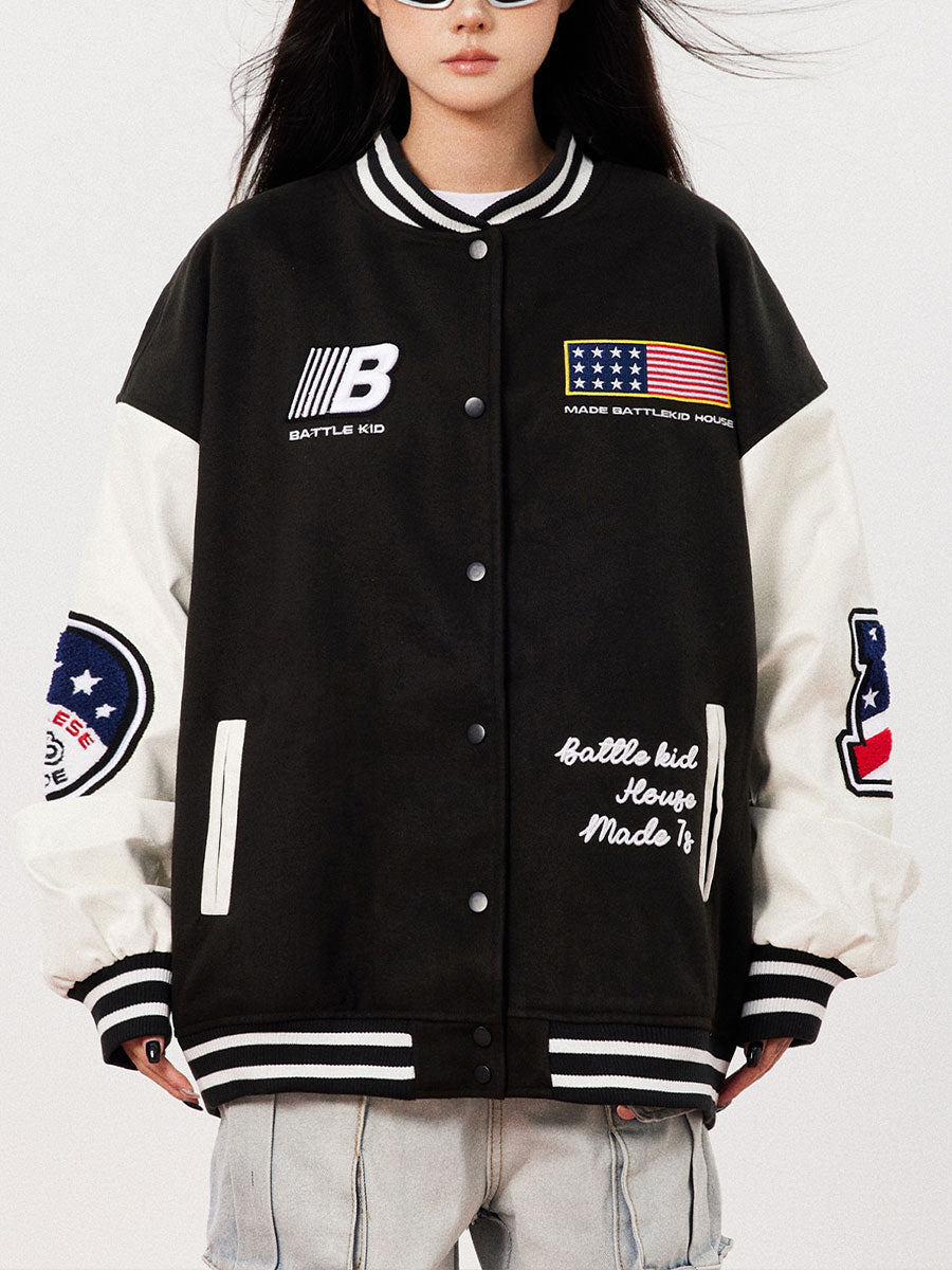Flag Pattern Long Sleeve Loose Top Jacket Baseball Coat