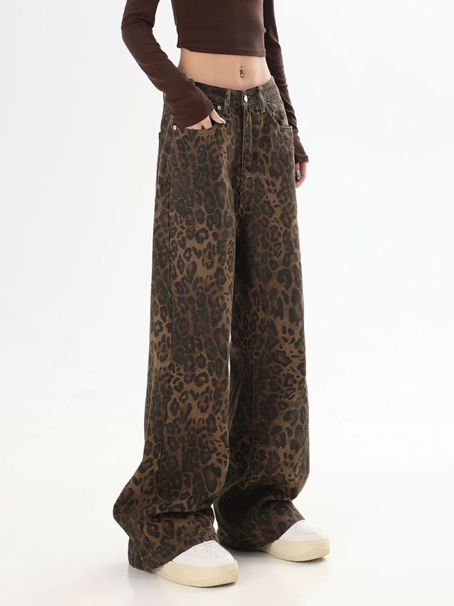 Leopard Print Hip Hop Loose Fit Denim Jeans