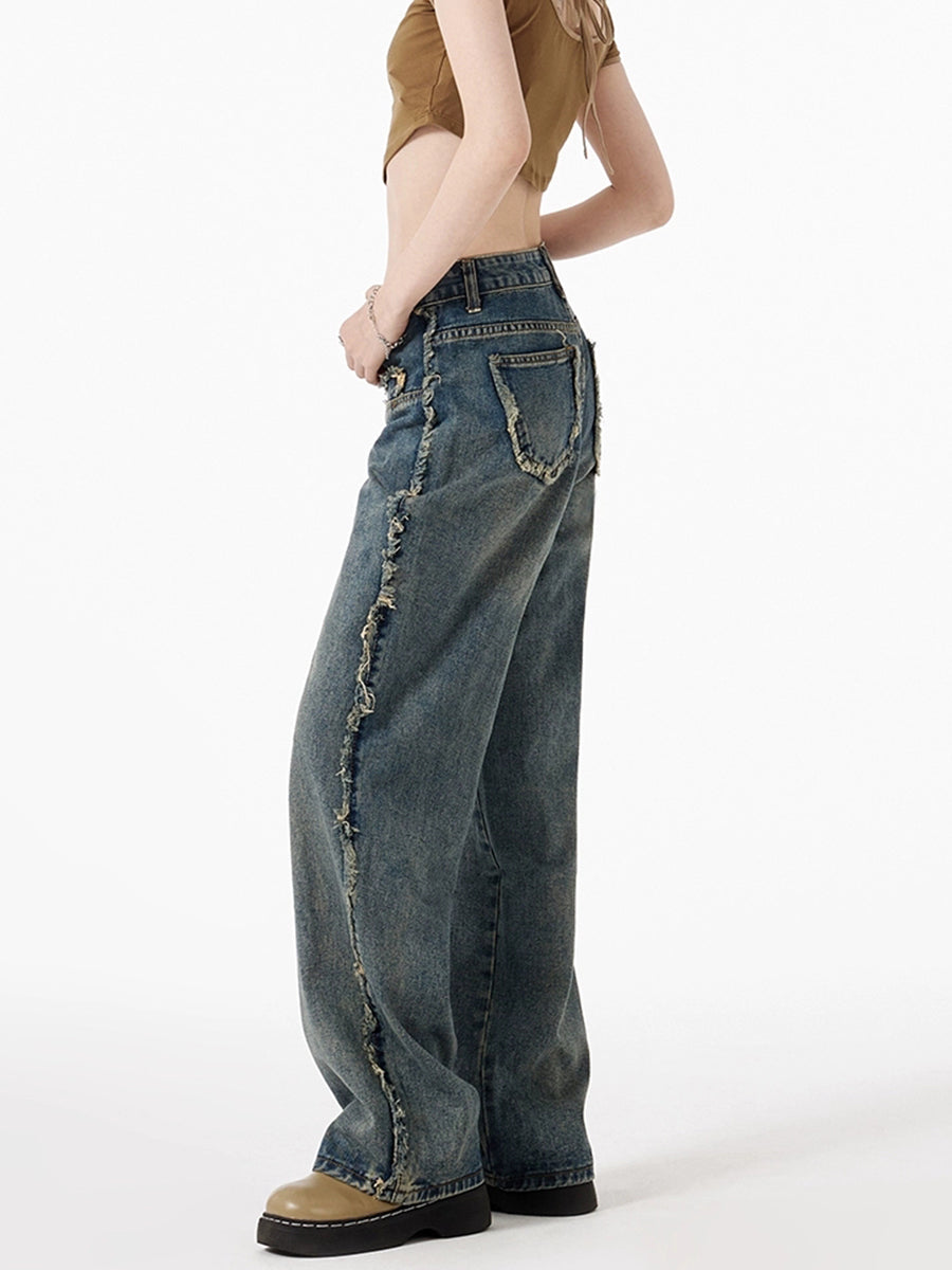 Irregular Pocket Loose Raw Trim Blue Jeans