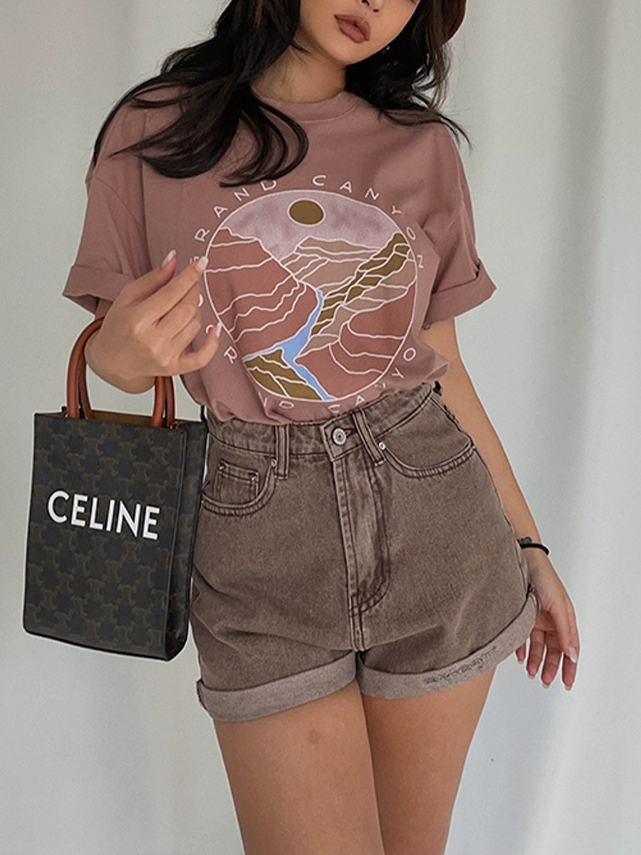 Pink Sunrise Print Oversize Short Sleeve Top