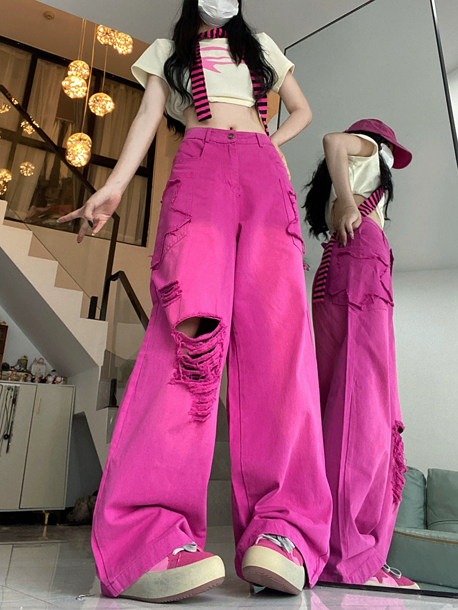 Rose Denim Ripped Loose Jeans