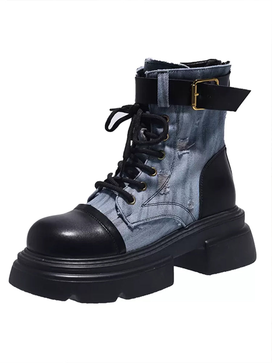 Women's Western Vintage Ribbed Patchwork Sock Style Denim Slip Resistant Sole Chunky Heel Ankle Boots