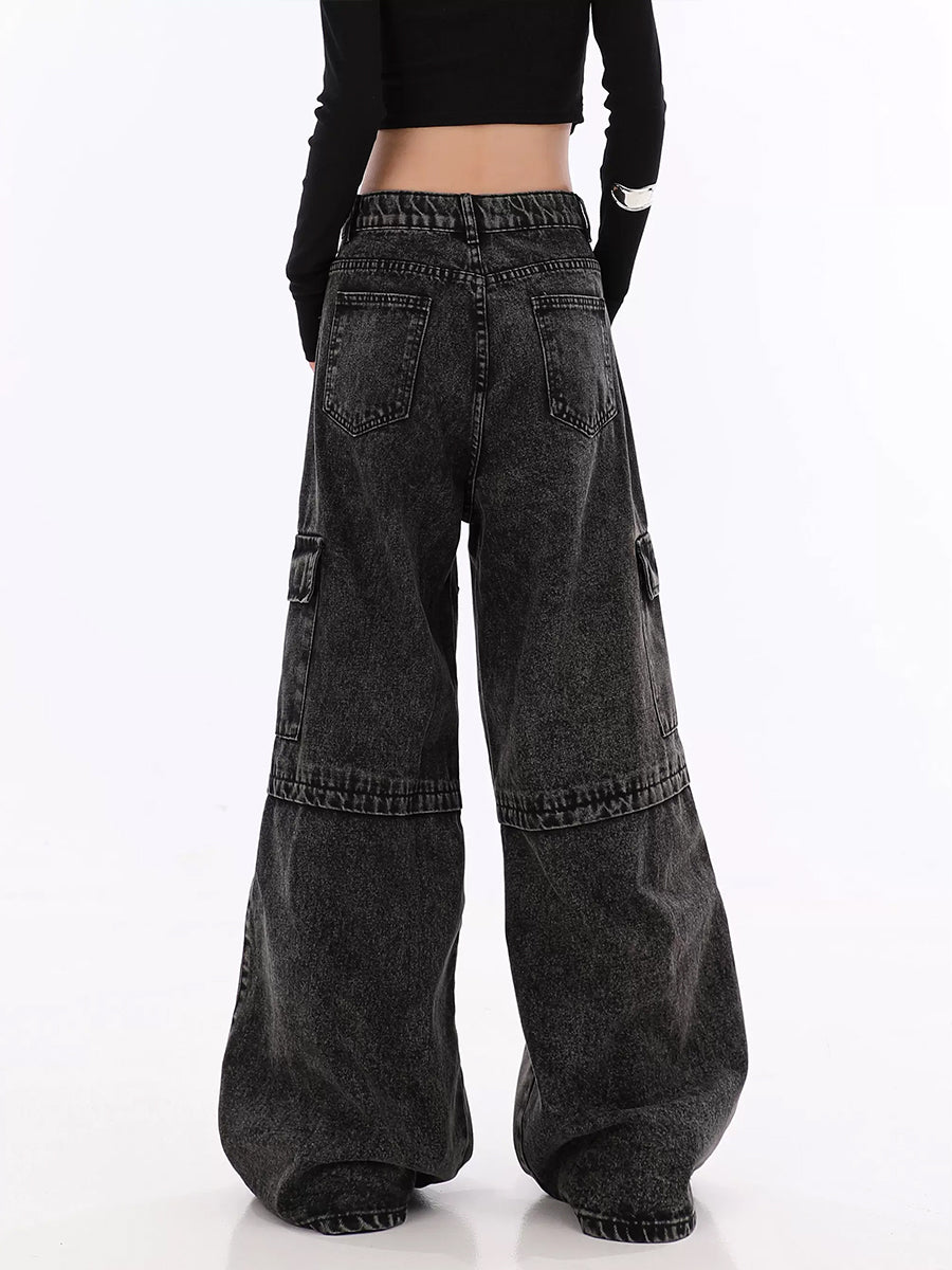 Vintage Black Irregular Loose Cargo Jeans