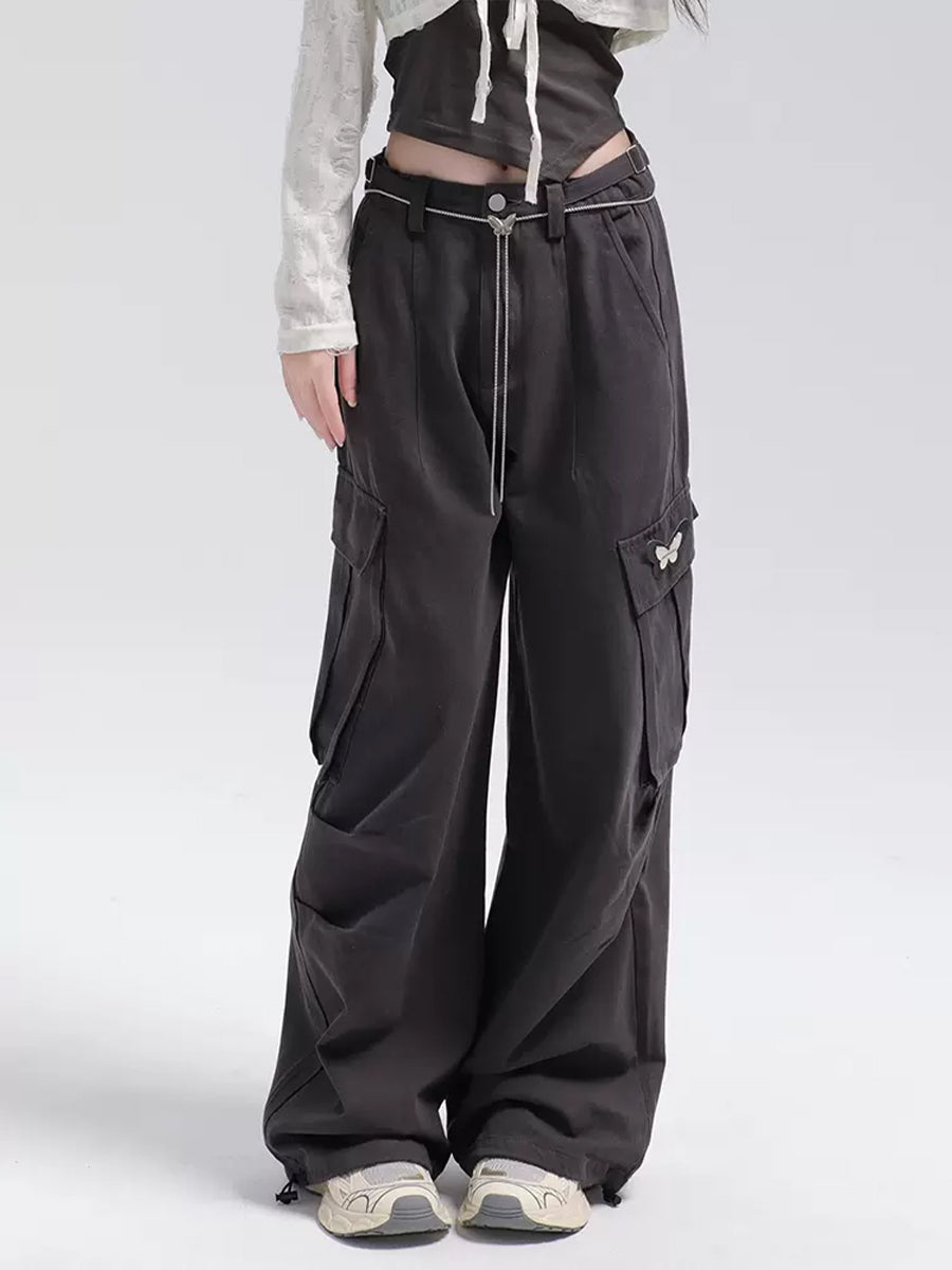 Solid Color Cargo Butterfly Decoration Loose Casual Pants with Butterfly Chain Belt