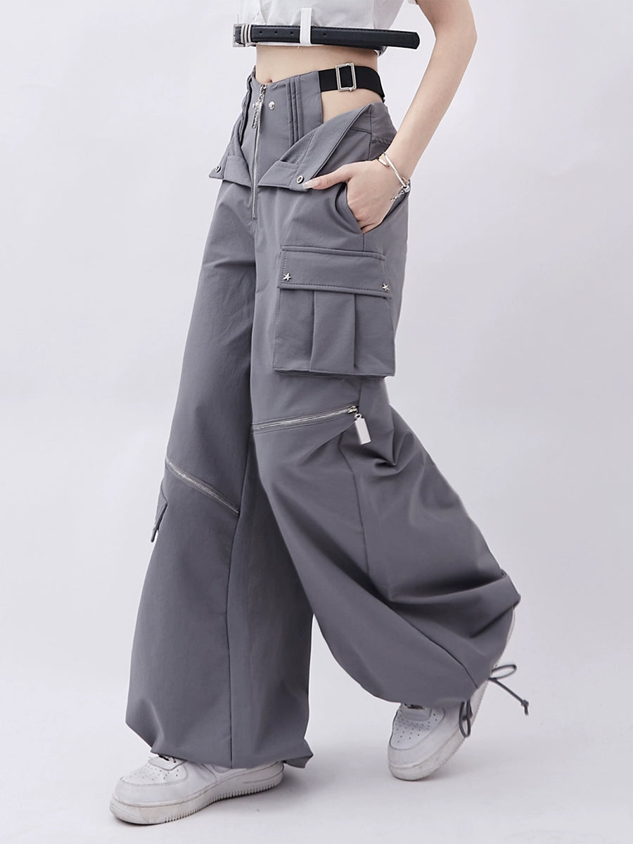 Gray Blue Fake Two Piece Large Pocket Loose Wide Leg Pants Casual Pants