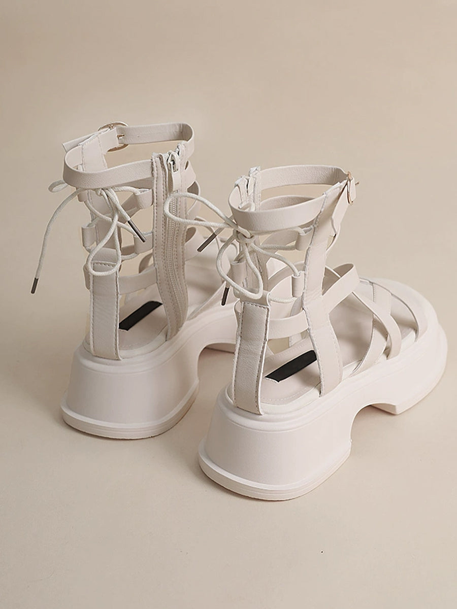 Criss Cross Chunky Heel Black And White Zipper Sandals