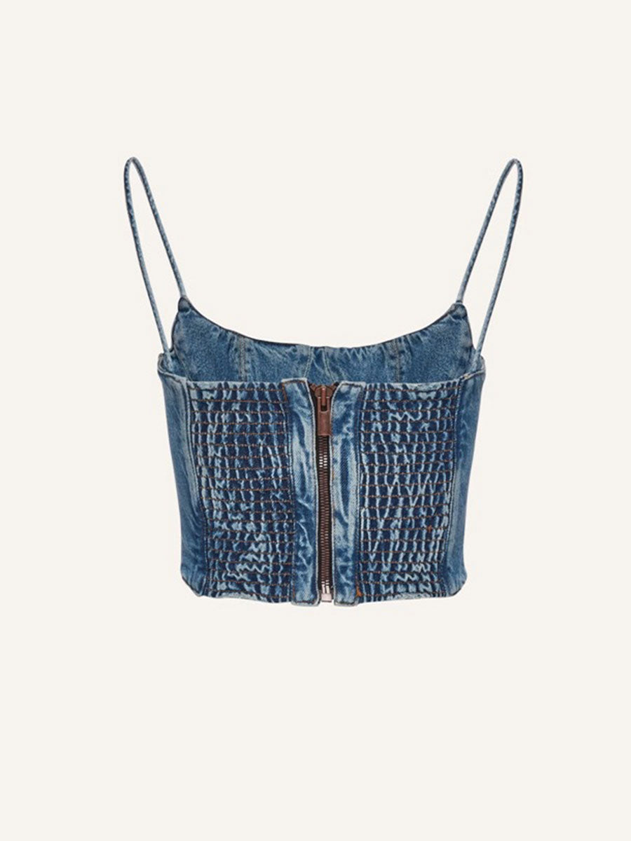 Blue Denim Zipper Cami Top + Floral Irregular Skirt Set