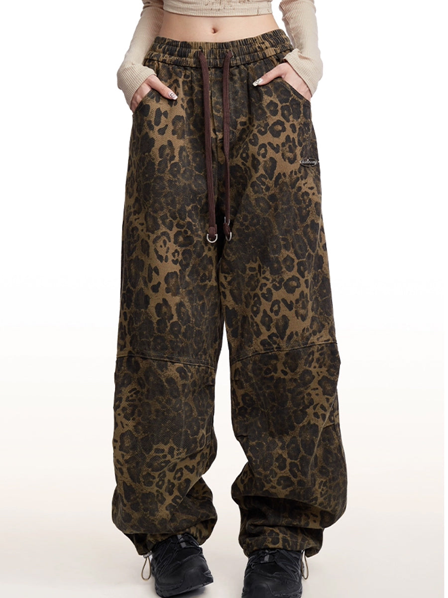 Leopard Print Hip Hop Loose Straight Elastic Banded Waist Wide Leg Pants
