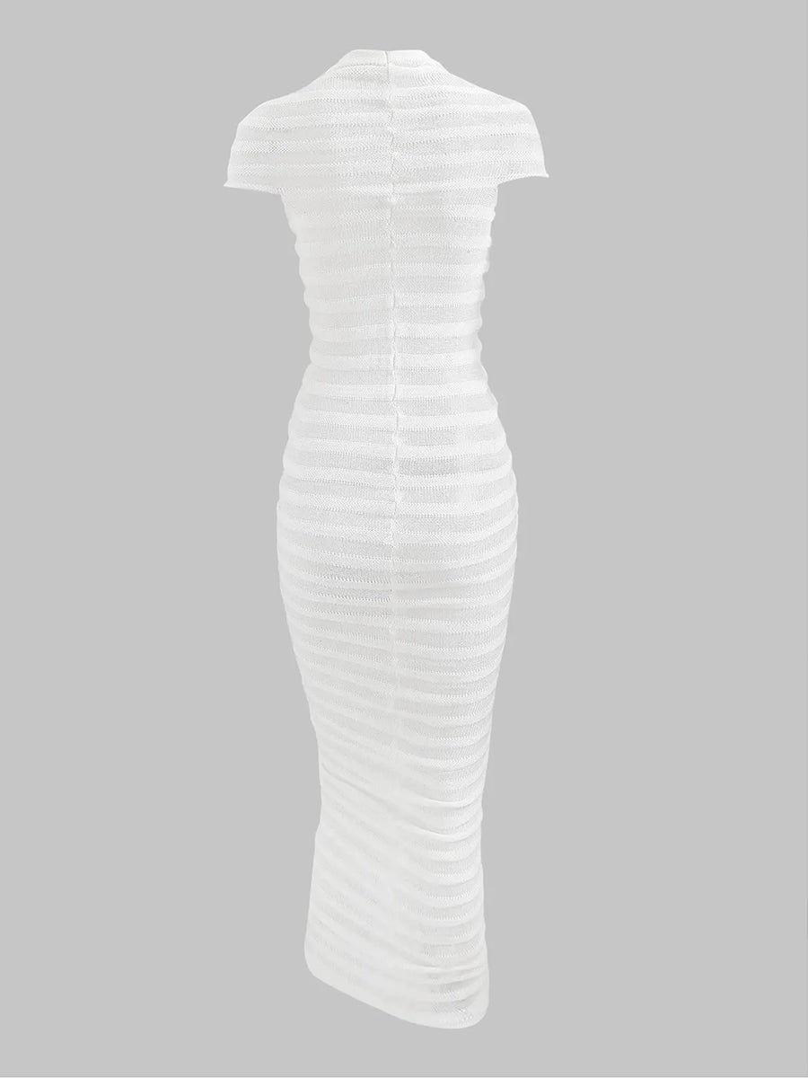 Women's Sexy Knitted See Thru Mock Neck Cap Sleeve Solid Color Midi Bodycon Dress