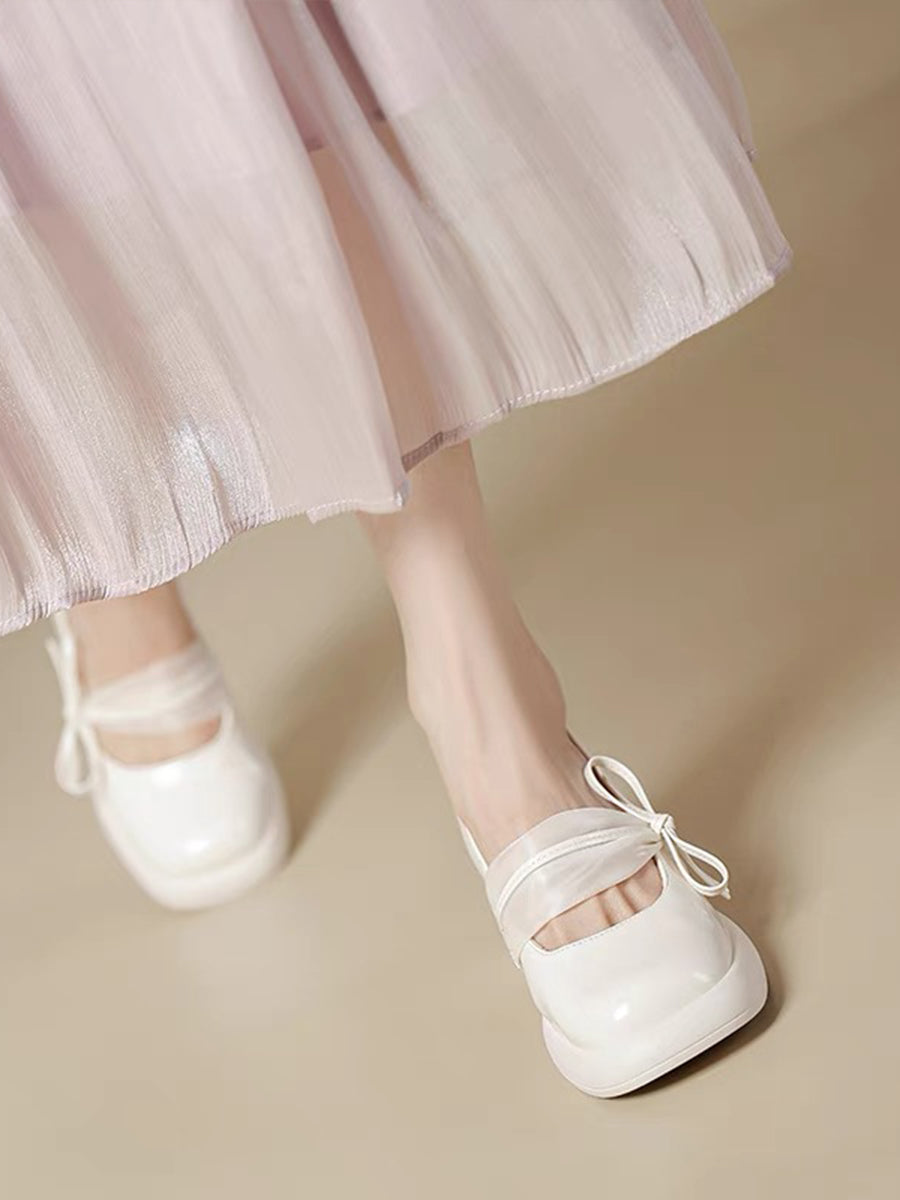 Ribbon-tie Mary Jane Pumps in White