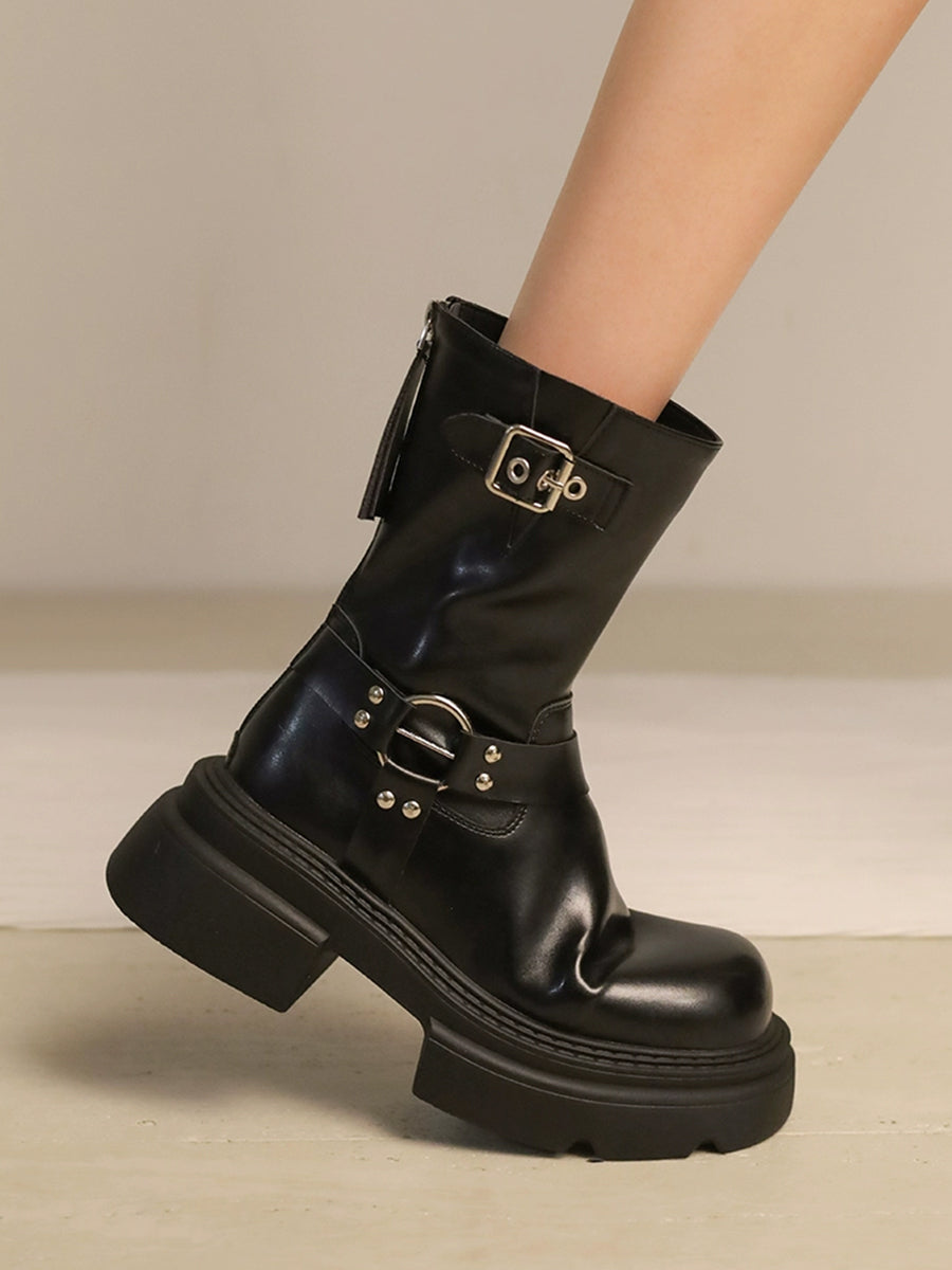Women's Western Buckle Straps Chunky Heeled Side Zip Boots