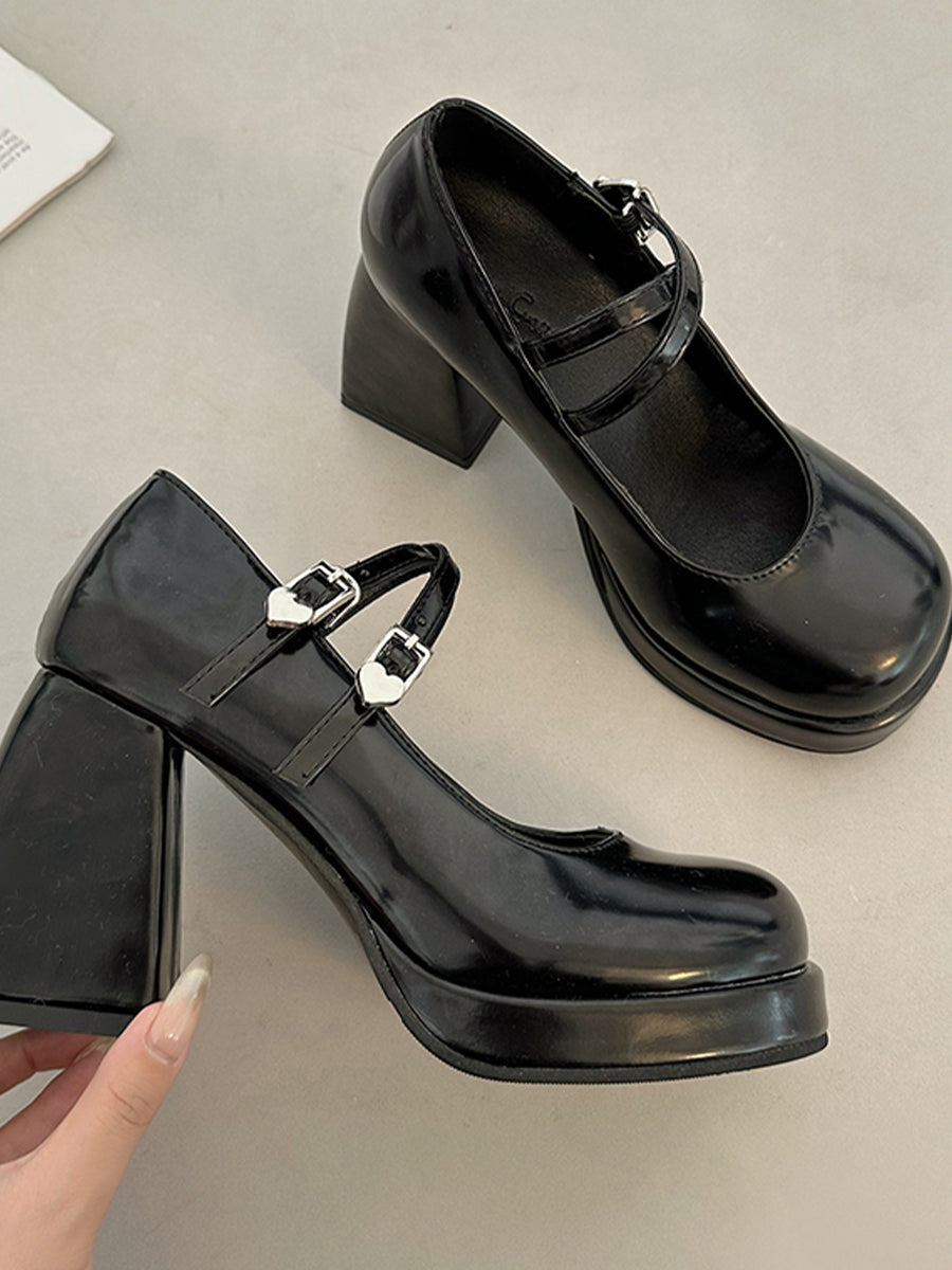 Crossover Ankle Straps Round Toe Chunky Heeled Mary Jane Pumps