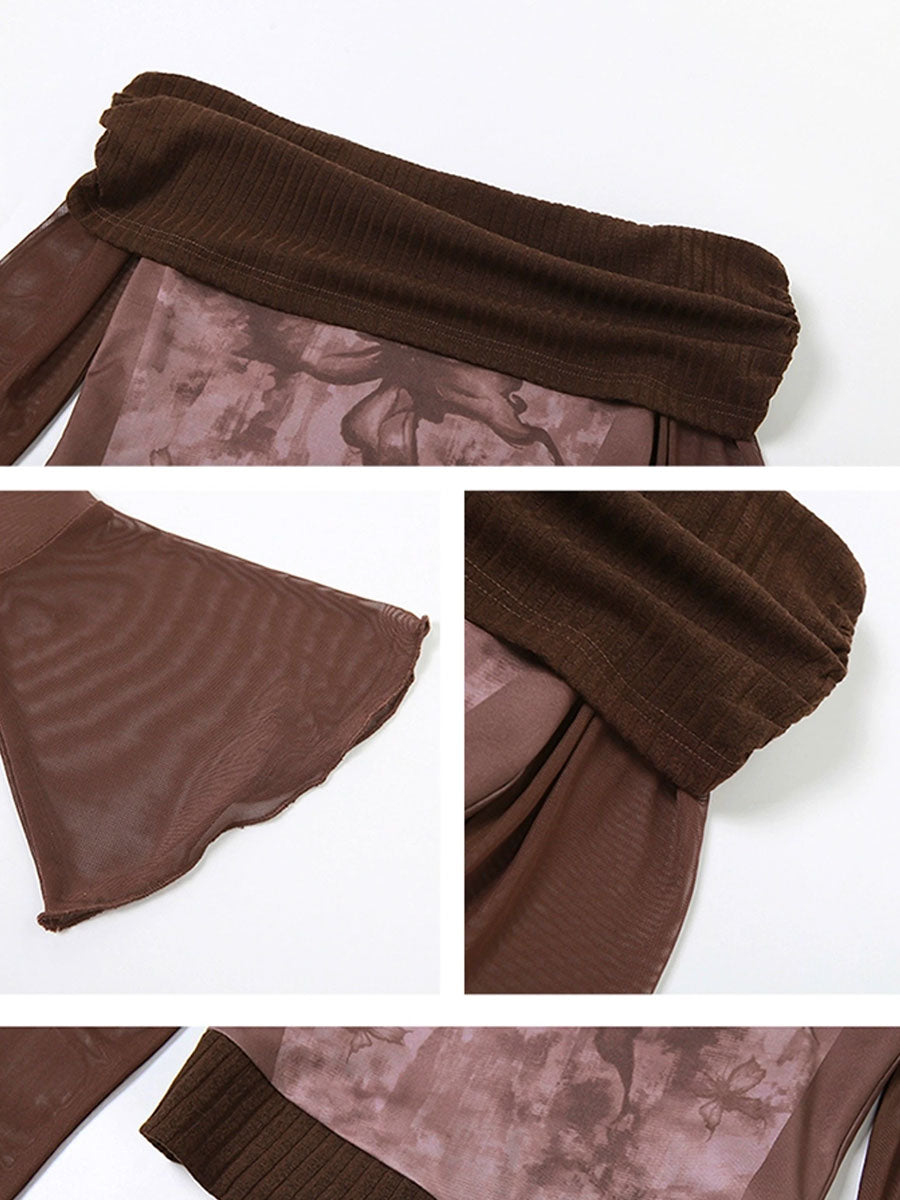 Brown Shoulder Hanky Hem Long Sleeve Knit Top
