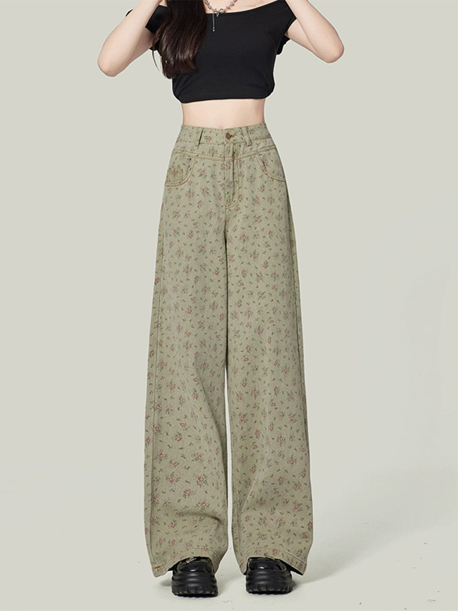 High-Waisted Floral Patterned Loose Jeans