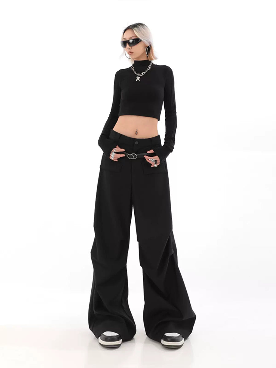 Solid Color Pleated Contour Suit Pants with Belt