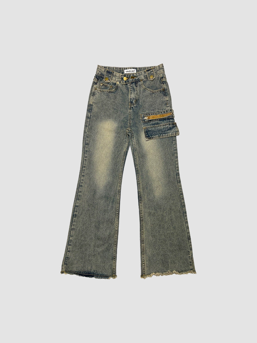 Vintage Blue Pocket Loose Long Jeans