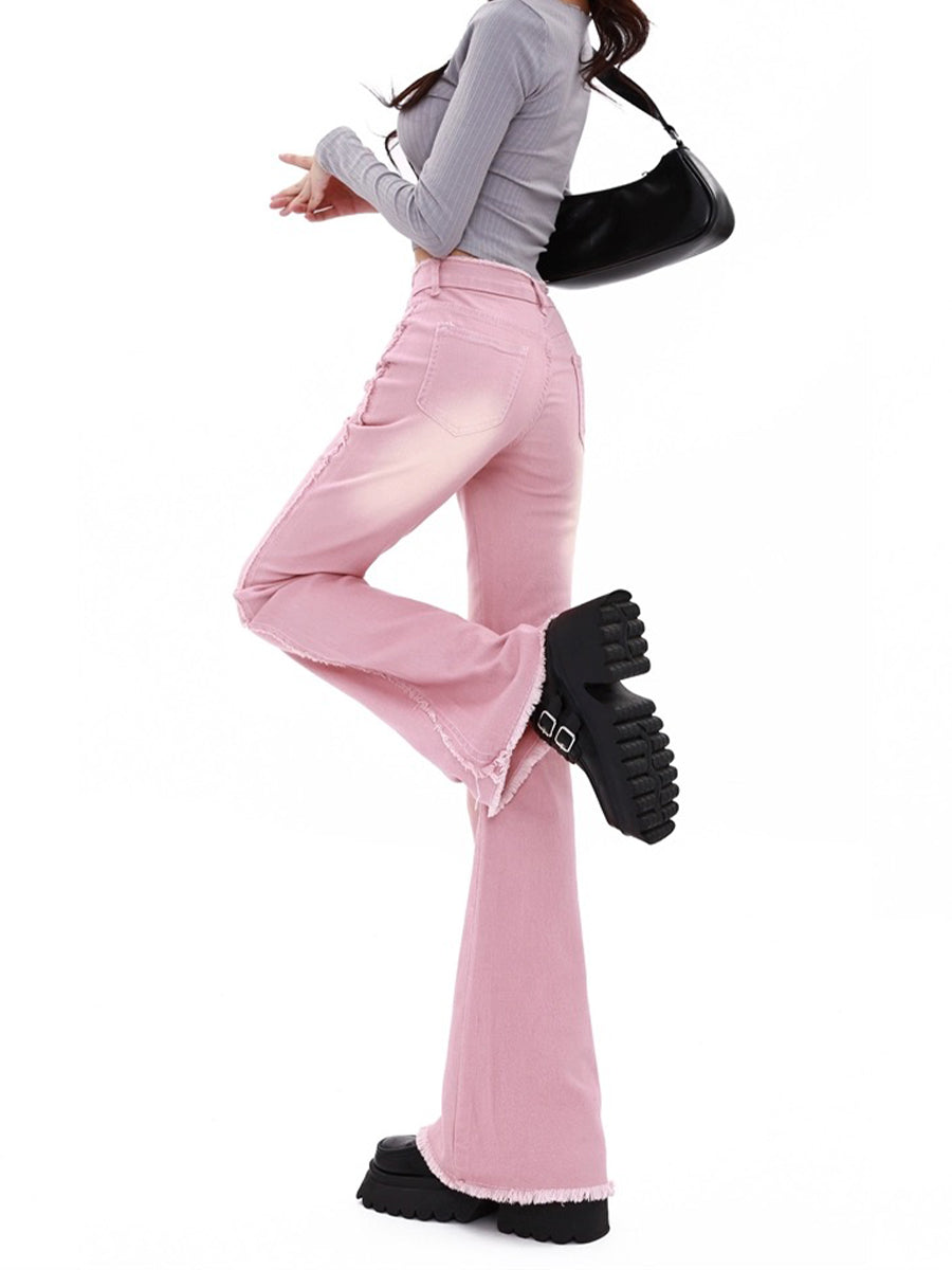 Raw Edge Pink Slim Fit High Waist Jeans