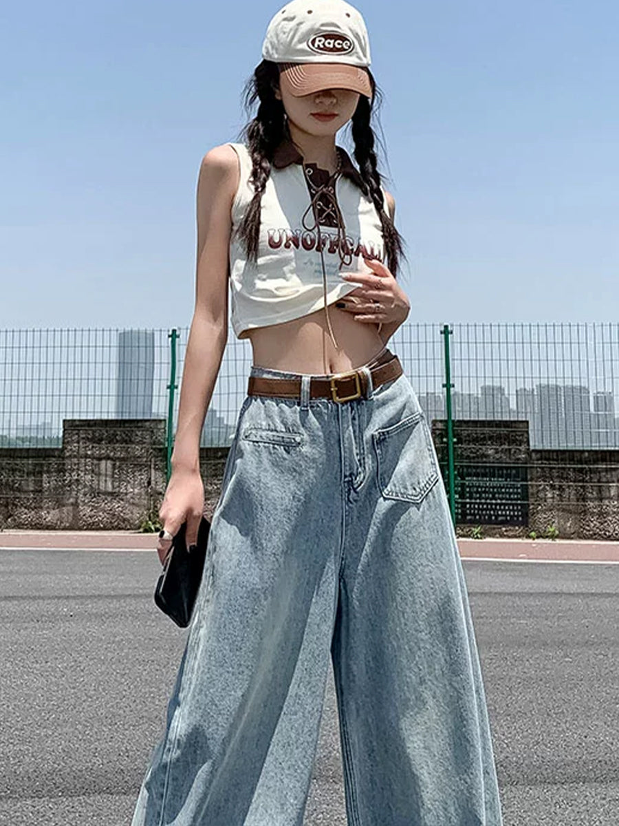 Solid Color Irregular Pockets Loose Tassel Hem Blue Jeans