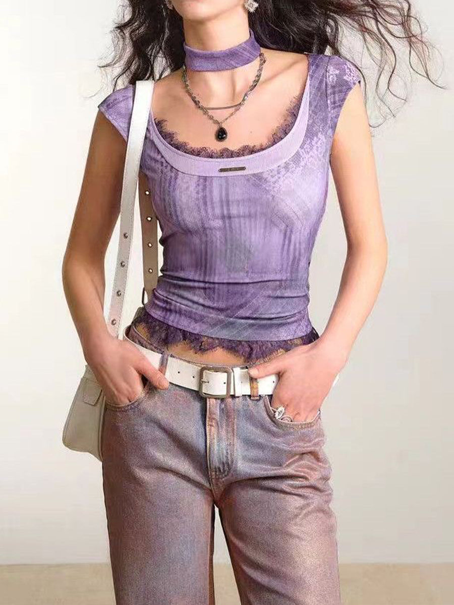 Purple Striped Short Sleeve Top with Choker
