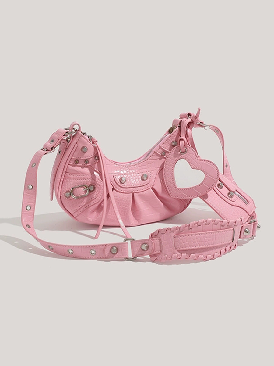 Pink Leather Croissant Bag with Mirror and Pouch
