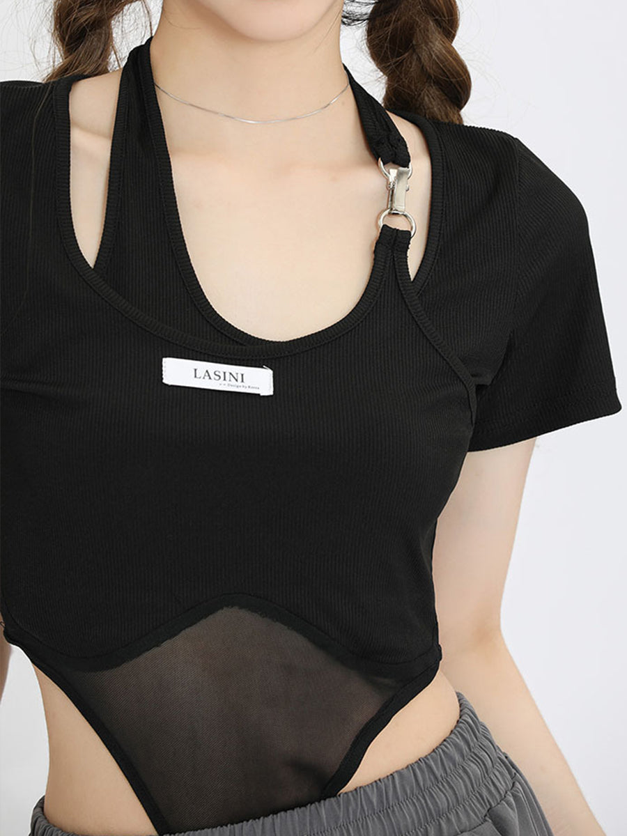 Solid Color Fake Two-Piece Onesie Top