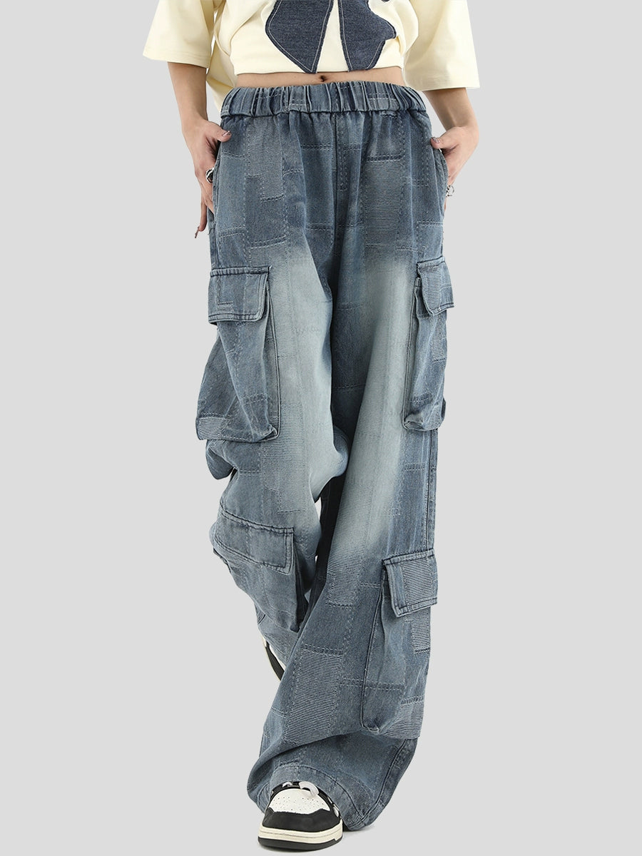 Street Blue Multi Pocket Loose Plaid Casual Jeans
