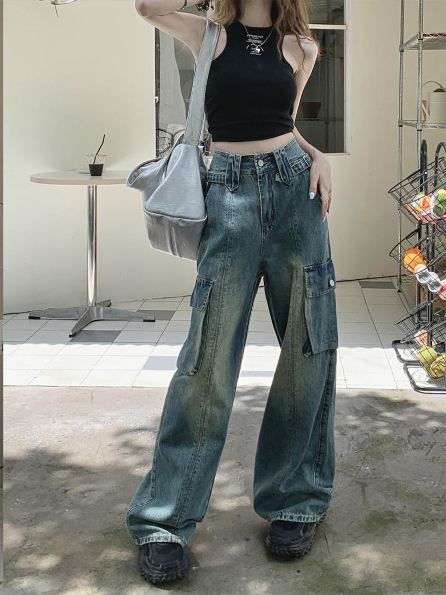 Street Vintage Loose Straight Leg Denim Wide Leg Blue Jeans Pants