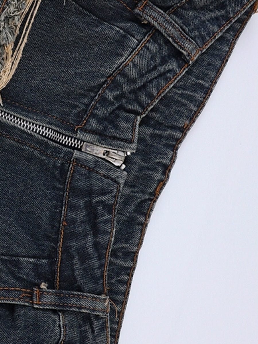 Vintage Patchwork Star Shape Raw Trim Loose Fit Jeans