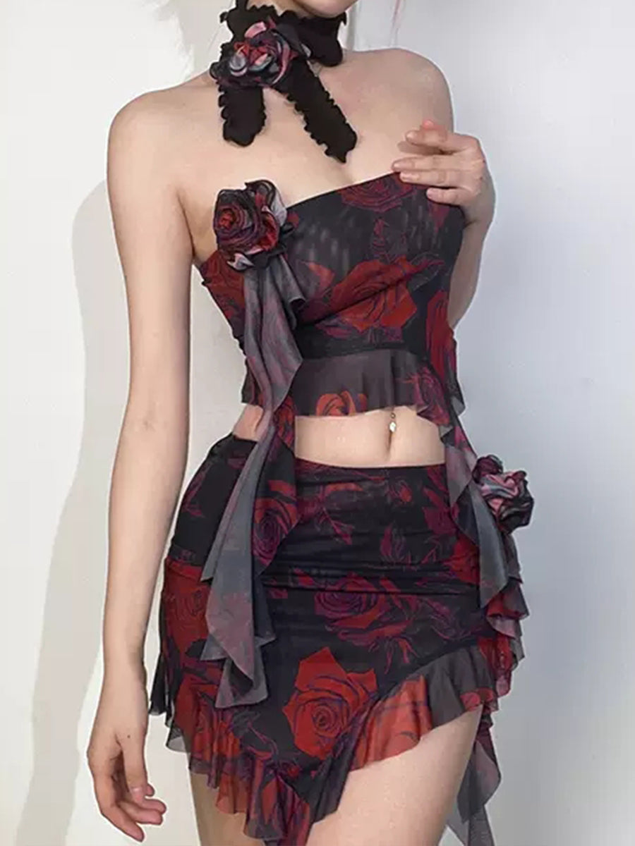 Floral Printed Rose Accessory Slim Fit Strapless Top+Skirt+Rose Choker Two Piece Suit