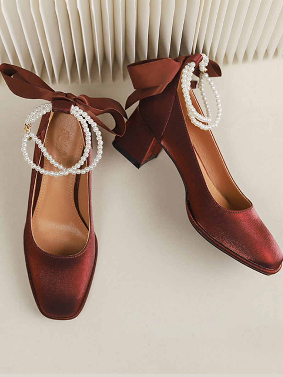 Women's Pointed Toe Chunky Heel Pumps With Pearls & Bowknots Beaded Decoration