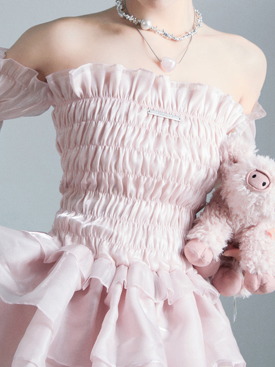 Irregular Fluffy Pink Organza Dress
