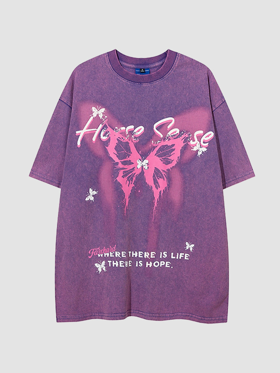Butterfly Print Oversize Short Sleeve Top