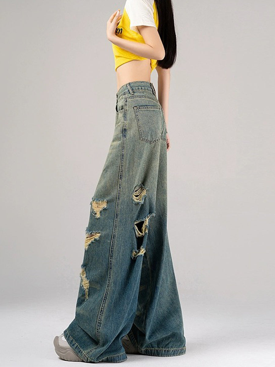 High Waisted Loose Distressed Ripped Denim Jeans