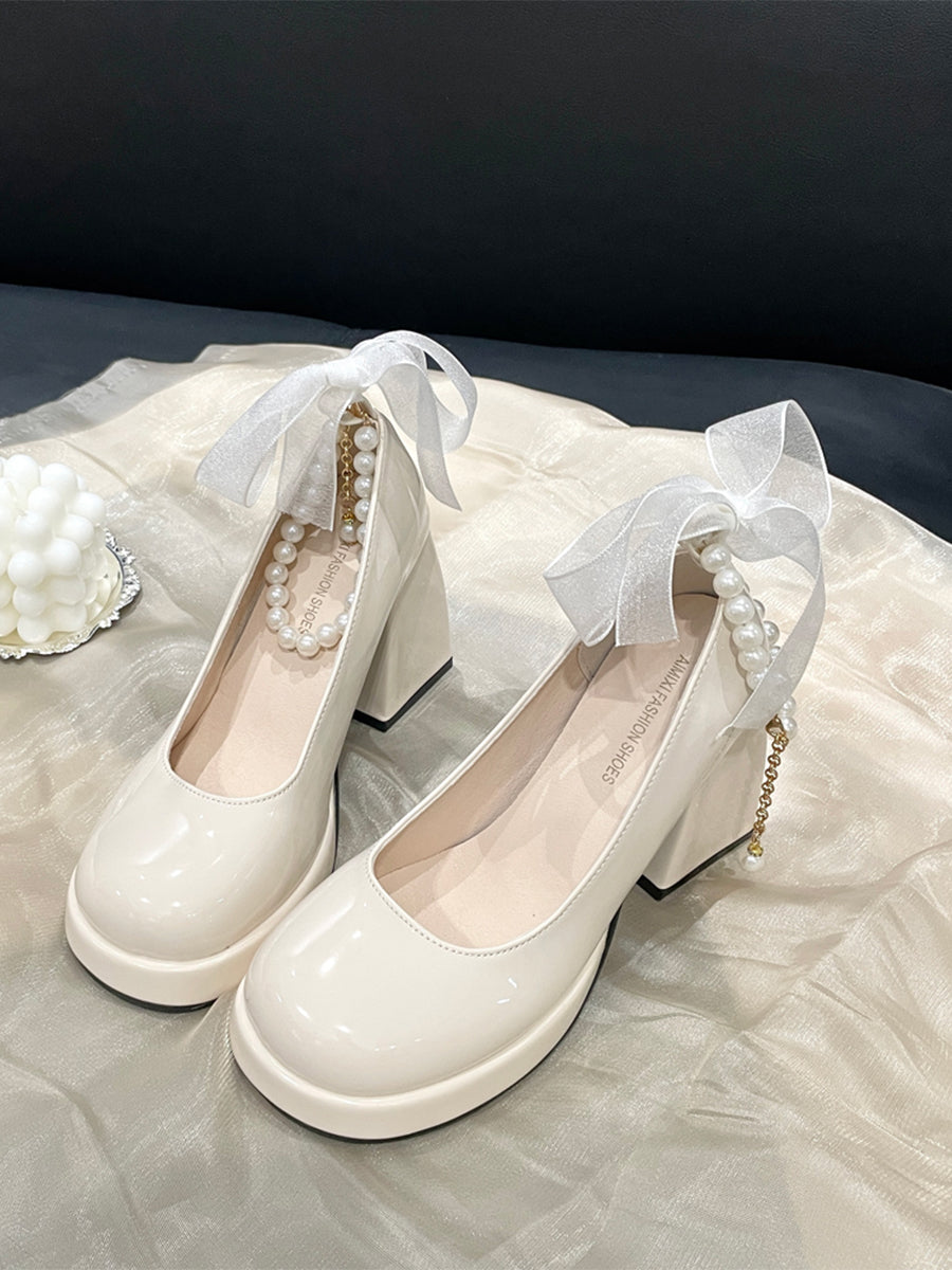 Women's Round Toe Mary Jane Heels Shoes with Double Layered Pearls Chain
